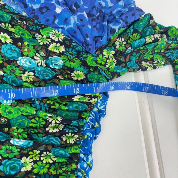 Zara Draped Print Green Blue Floral Top Size US Medium Dainty Long Sleeve - Picture 7 of 8